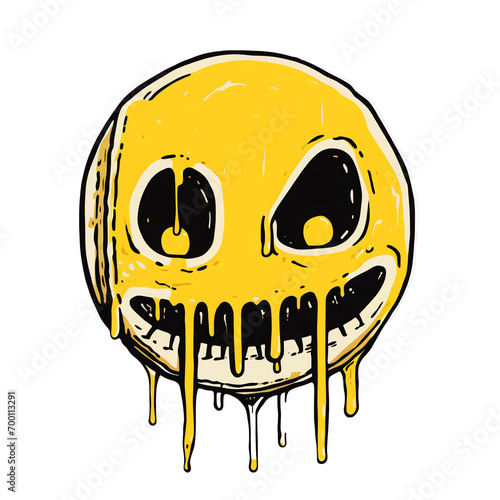 a yellow cartoon face with eyes and mouth dripping