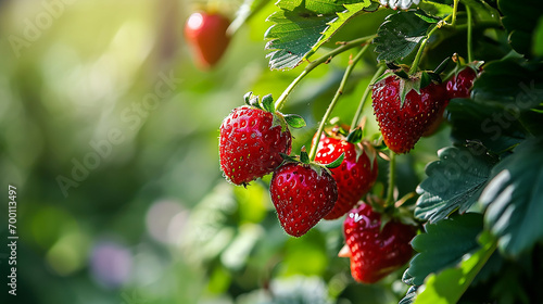 Juicy fresh ripe strawberries on a branch in nature outdoors close-up macro. Beautiful berries strawberries with leaves on a light green natural background. Made with generative ai