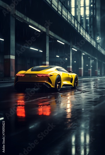 a yellow sports car on a wet road
