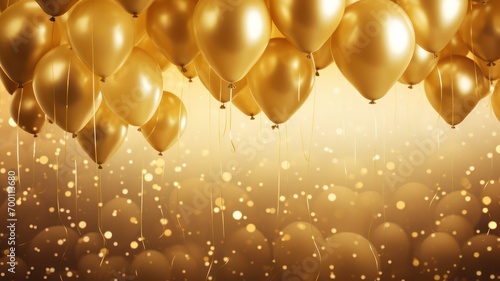Golden ballons with golden bokeh party background created with Generative AI