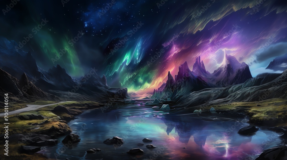 a landscape with mountains and water and aurora borealis