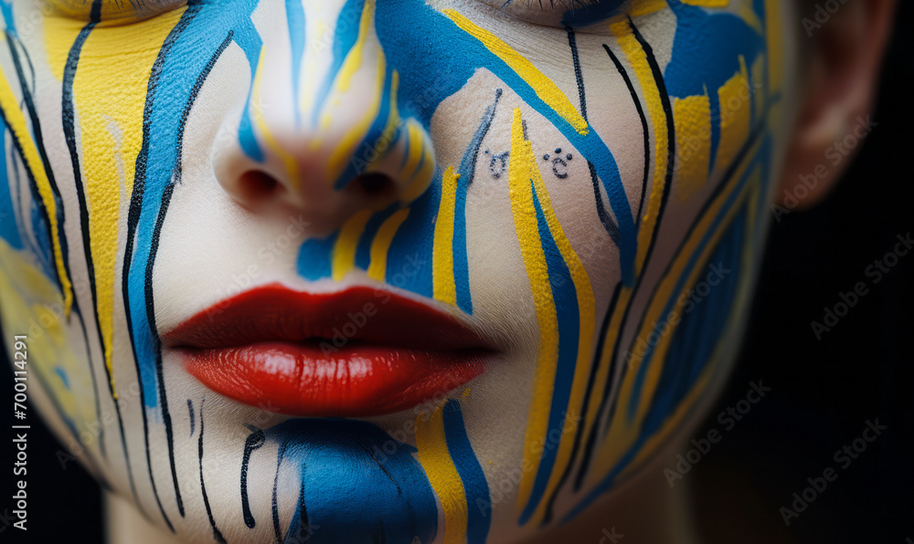 Close-up of a woman's face with intricate blue and gold geometric patterns painted on, embodying a modern and artistic expression