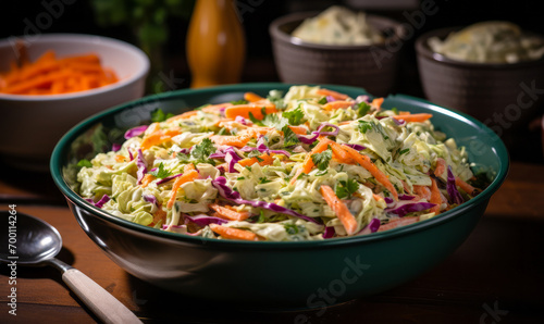 Freshly made creamy coleslaw salad in a teal bowl, a classic side dish garnished with shredded carrots and purple cabbage on a dark table photo