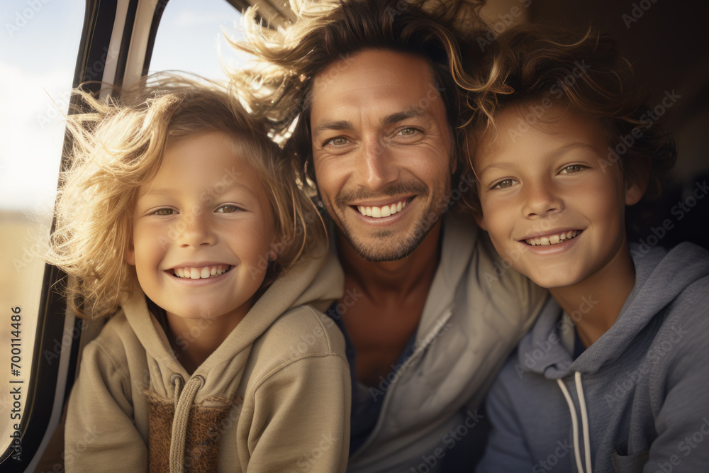 Portrait of a happy father with his sons traveling by car. Portrait of a happy father with his sons traveling by car.