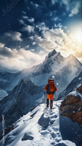 a person hiking on a snowy mountain