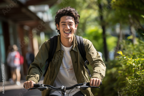 A young Asian man rides a bicycle to or from work, happy and smiling