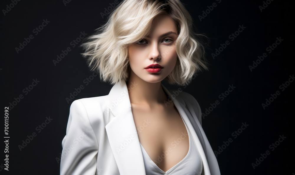 Fashion-forward young woman with a platinum bob hairstyle in a white blazer against a dark background, embodying modern elegance and simplicity
