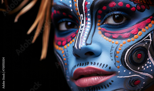 Close-up of a woman's face with intricate tribal makeup in shades of blue and red, highlighting her compelling eyes in a captivating and artistic expression