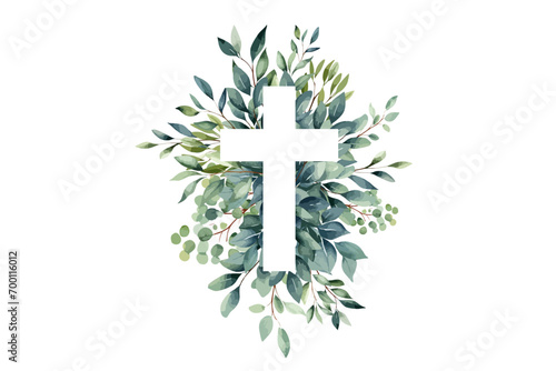 Eucalyptus botanical greenery and cross. Baptism  Invitation. Easter Cross. Christening. Holy Spirit. Religious. Baptism Christening Invitation photo