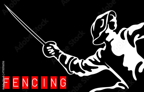 Silhouette of a swordsman in action. Black and white stencil emblem