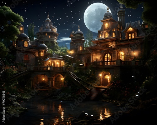 3d illustration of a fairy tale castle at night with full moon © Iman
