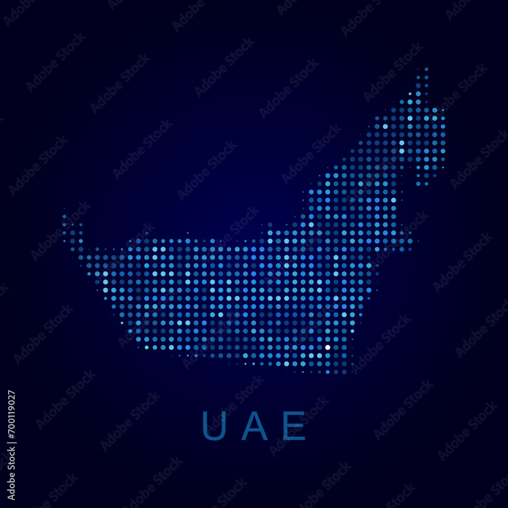 Vector dotted style map of United Arab Emirates in dark blue background design sphere and structure

