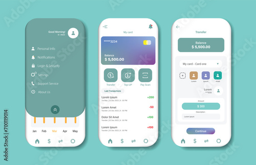 Personal finance app with money transfer, transaction, top-up, pay bills. Financial savings set of interface templates. GUI for responsive mobile apps. Vector illustration