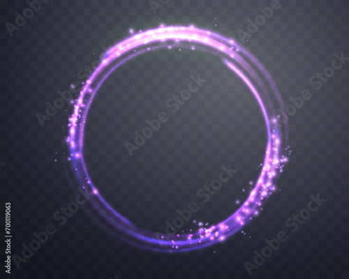 Glowing purple magic ring. Neon realistic energy flare halo ring. Abstract light effect on a dark transparent background. Vector illustration.