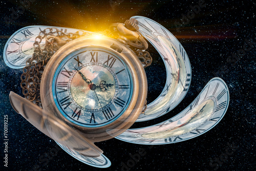 Spacetime universe Scifi concept, Twist clock time distortion warp into space bended curved for Space and Times of Theory, image element from NASA photo