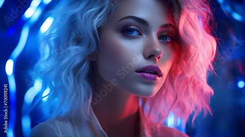 Portrait of a woman in a nightclub. Beautiful girl with hair colouring in blond pink in the club, disco party concept, International Women day, Valentine day, Birthday party