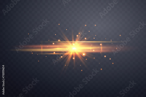 Orange horizontal lensflare. Light flash with rays or spotlight and bokeh. Orange glow flare light effect. Vector illustration. Isolated on dark transparent background.