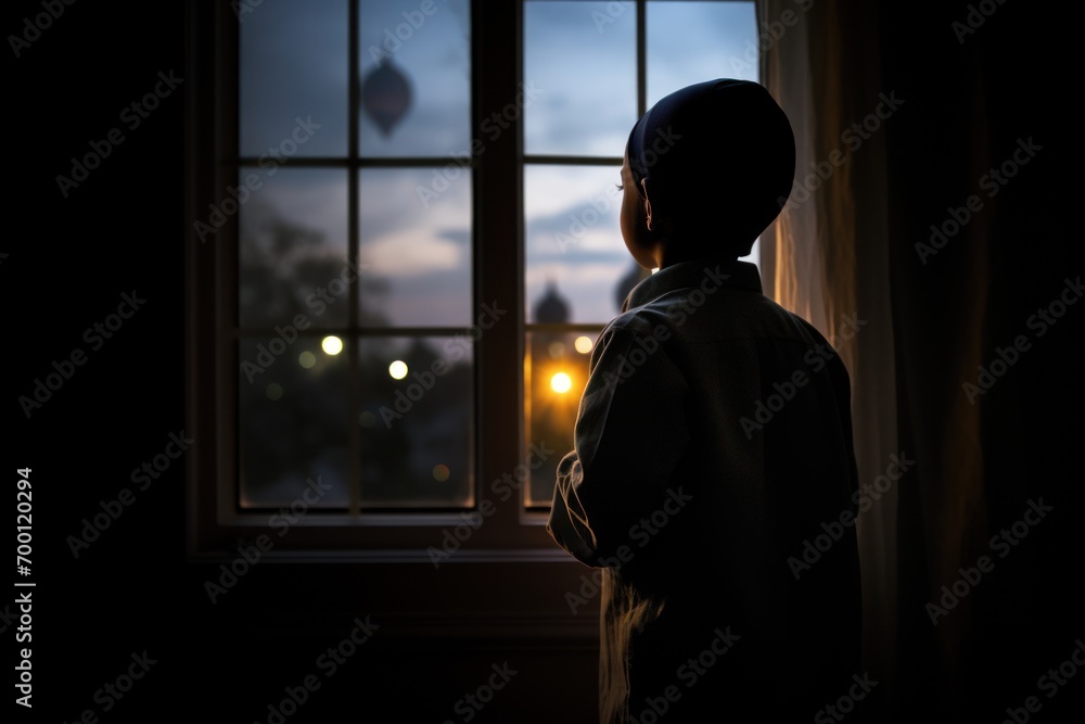 Muslim boy in taqiyah gazing at moon through window