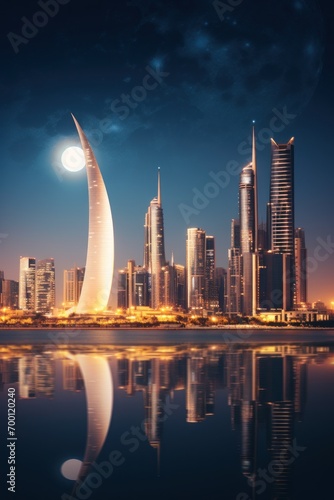 Illuminated urban skyline with moon at blue hour