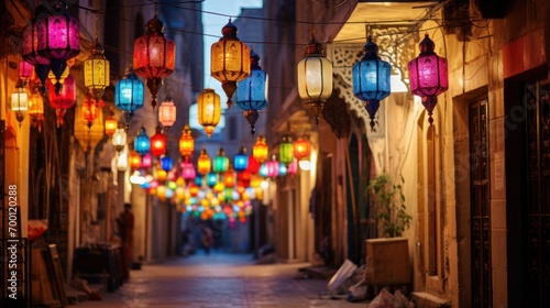Colorful lanterns lighting up a traditional festive street photo