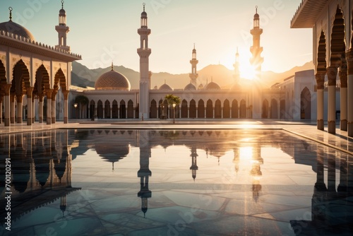 Golden hour light on mosque with minarets and dome photo