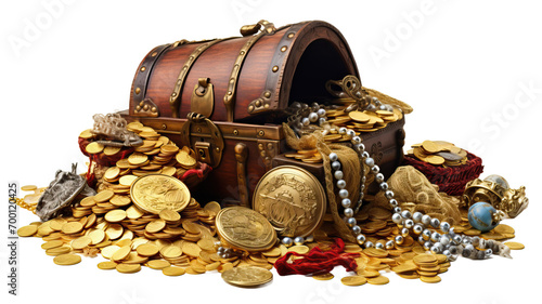 Pile of treasure and treasure chest on a white background