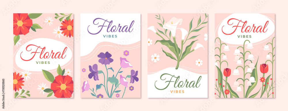 Hand drawn floral cards collection with beautiful flowers on pink background