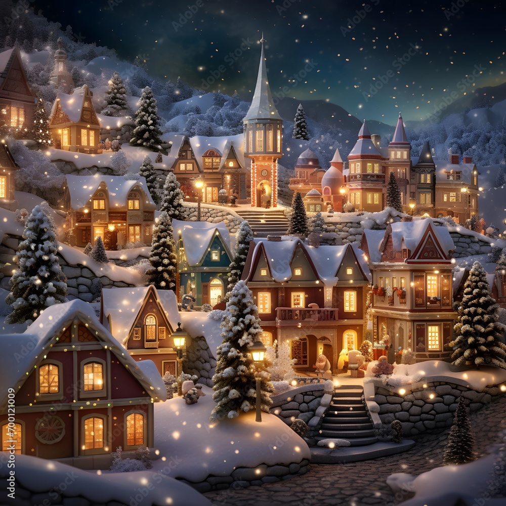 Fairytale winter village in the mountains. Christmas and New Year.