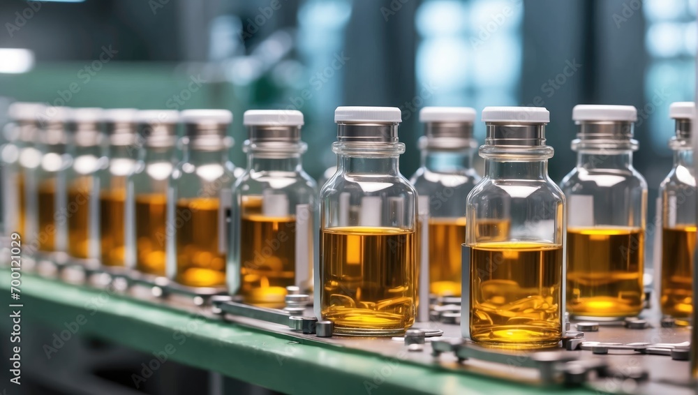 Glass vials with medical cannabis on conveyor belt in pharmacy factory Glass vials with medical cannabis on conveyor belt in pharmacy factory