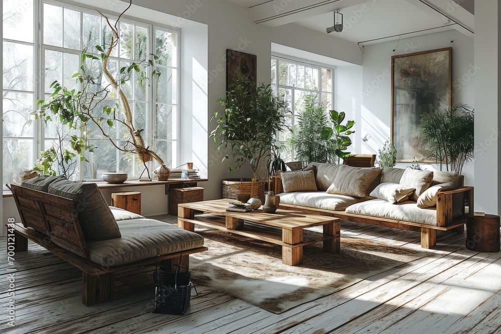 Fototapeta premium living room with neutral wood and white furniture inspiration ideas