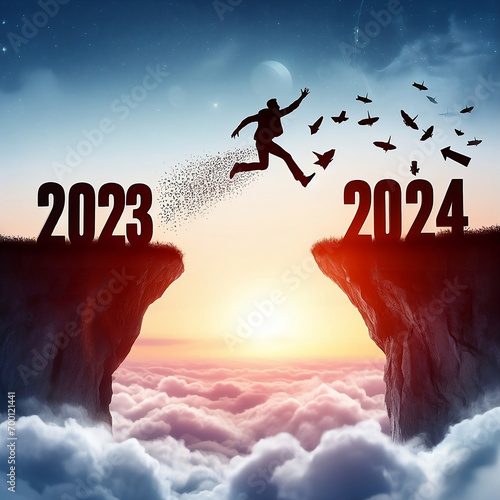 Happy new year 2024, Silhouette Man jumping from 2023 cliff to 2024 cliff on sky background. Сoncept of moving from year to year. New Year's concept. photo