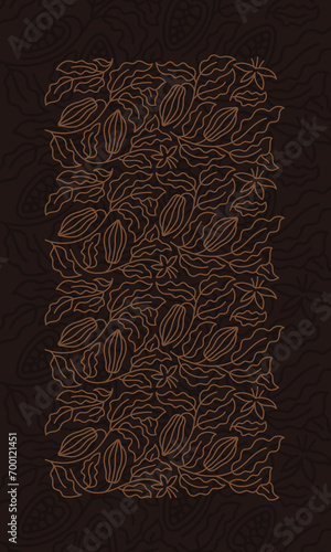 Cocoa line ornament. Chocolate pack design. Rectangular vertical background. Beans and branches leaves. Editable outline stroke. Vector line.