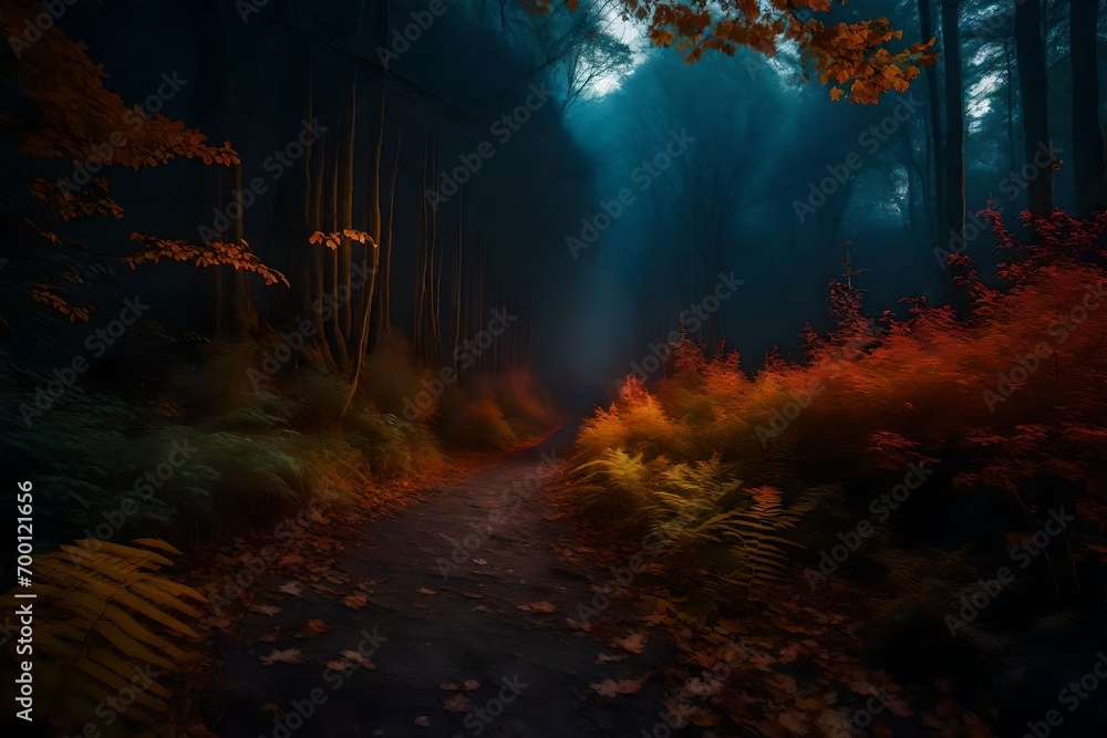 A mysterious pathway through an alien forest, adorned with lushill-style flora in autumn hues, leading towards the strange, glowing ruins in the distance.