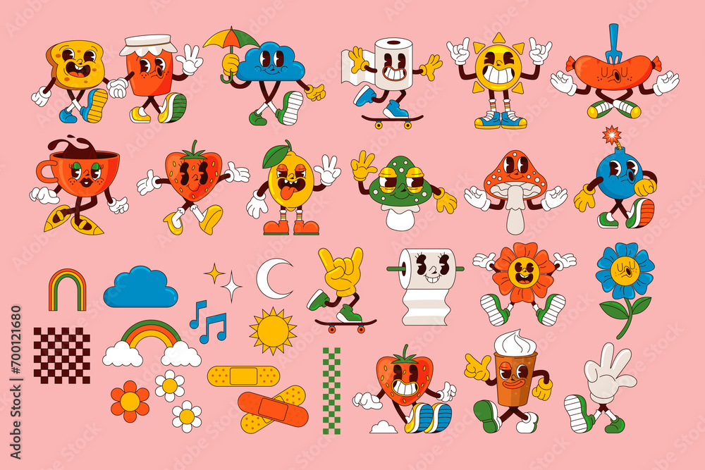 Fototapeta premium Hand drawn cartoon groovy characters set