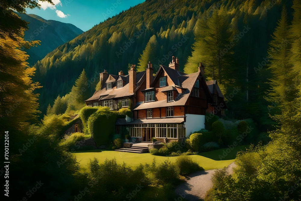 A charming house embraced by the vibrant hues of a sunlit woodland, with majestic mountains providing a stunning backdrop under a clear blue sky.