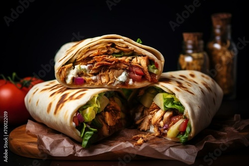 Delicious shawarma made with grilled chicken, tomatoes, pickled cucumber, fried onion, lettuce, and pita bread. Generative AI