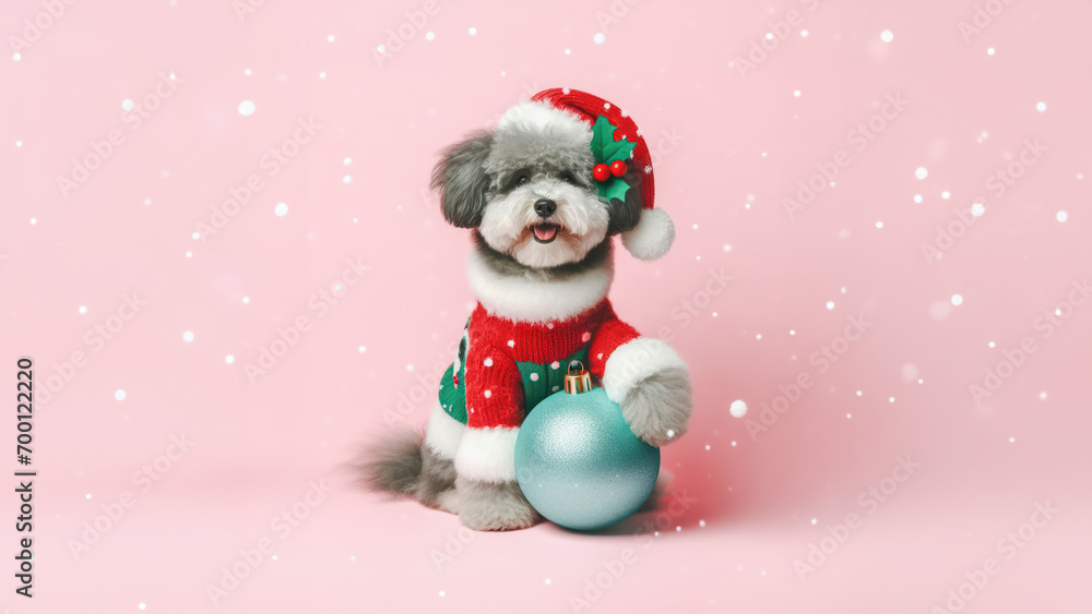 Abstract winter Christmas concept background with cute puppy dog with Christmas ball and falling snow. Abstract winter Christmas concept background with cute puppy dog with Christmas ball and falling snow.