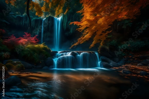 A mesmerizing view of an alien waterfall surrounded by lushill-style foliage  reflecting the vivid colors of an otherworldly autumn day.