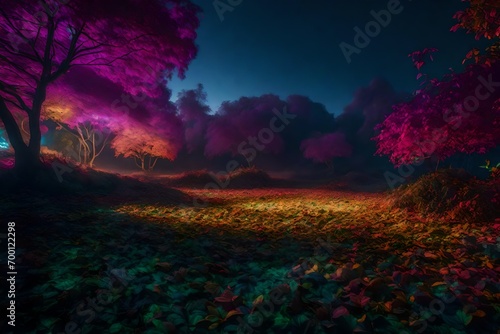 A surreal scene of an alien planet s ground covered in lushill-style leaves of various colors  creating a stunning carpet beneath the alien trees.