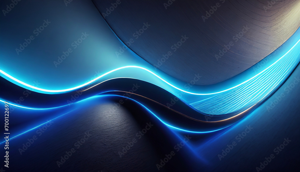 Obraz premium 3d render, abstract minimal neon background with glowing wavy line. Dark wall illuminated with led lamps. Blue futuristic wallpaper. copy space fot text