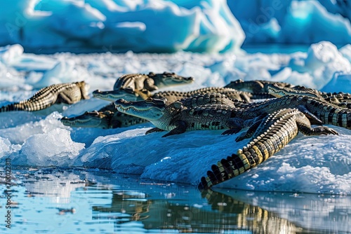 A herd of african crocodiles on a floating iceberg in the middle of the ocean