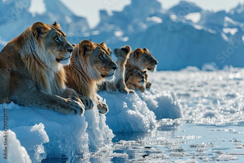 A herd of african lions and lioness and cubs on a floating iceberg in the middle of the ocean