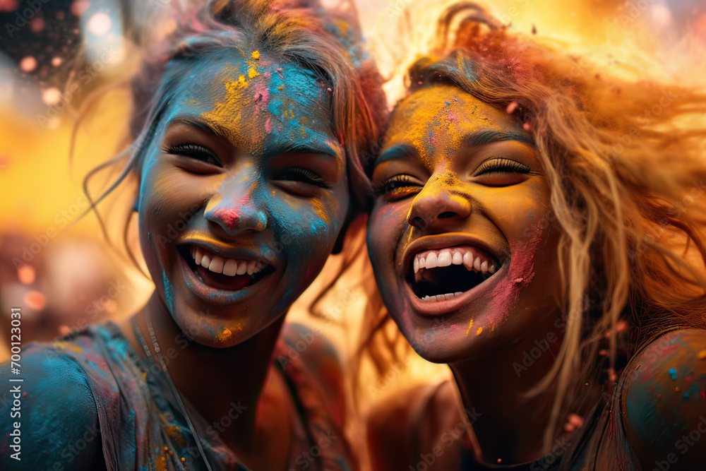 Two friends at Holi celebration. Generative AI. Two friends at Holi celebration. Generative AI.
