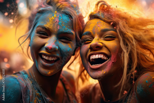 Two friends at Holi celebration. Generative AI. © Lux Images