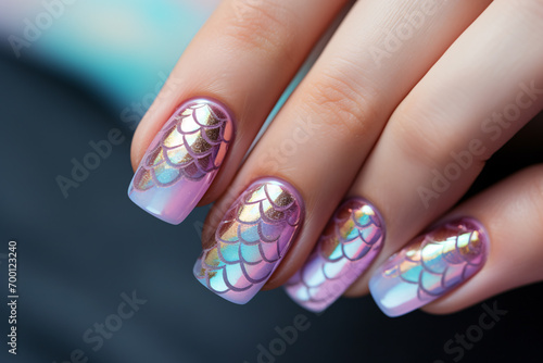 Close up of woman's fingernails with metallic pastel colored nail polish with mermaid fish scales design photo