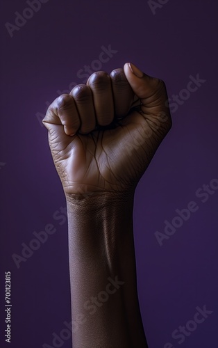Hand isolated. Photo fist up victory symbol female hand. International woman day concept. Violet background