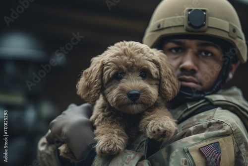 Attractive soldier with faithful teddy dog. Generative AI