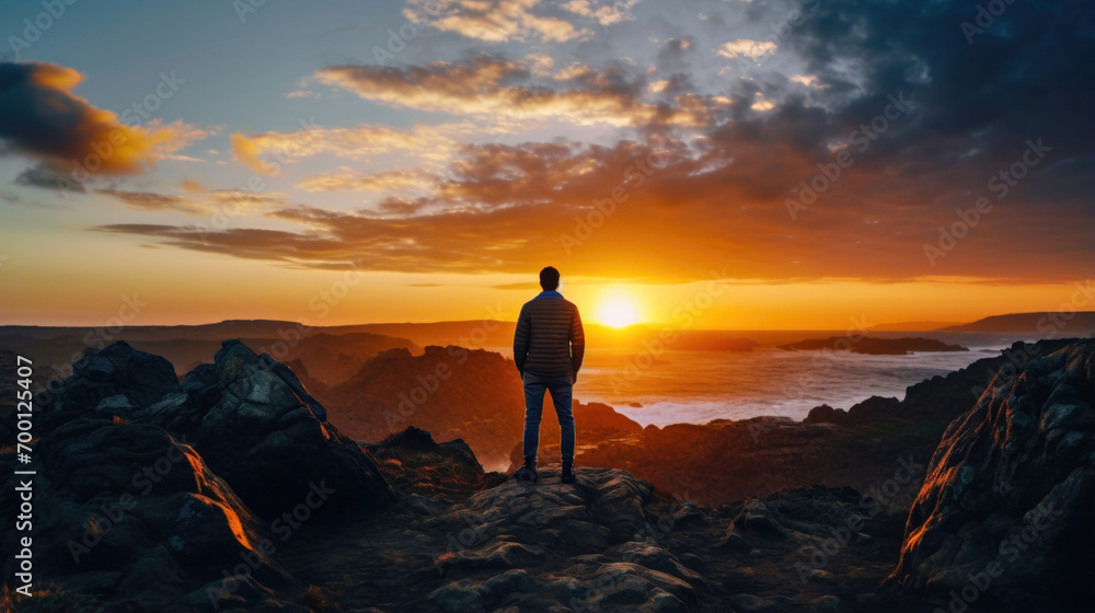 Twilight Serenity: Silhouette of a Person on Cliff at Sunset