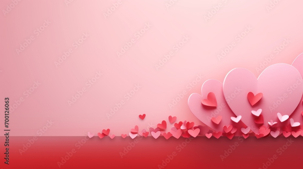 Valentines Day pink simple background with red and pink hearts. Love concept. Greeting card with copy space.