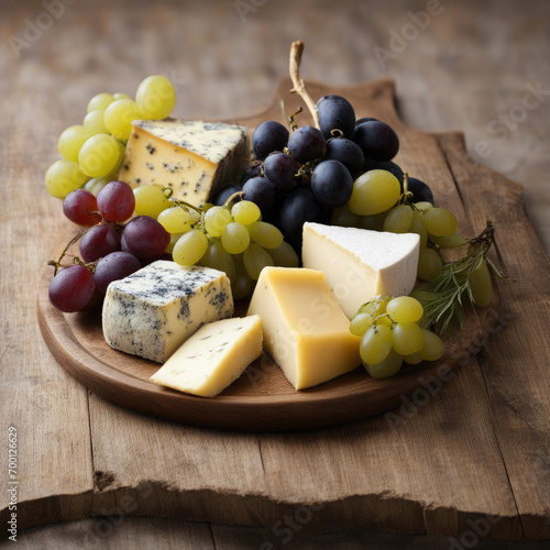 Assorted cheeses and grapes on a ceramic plate on a wooden board.